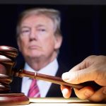 Donald Trump and a hand holding a gavel.