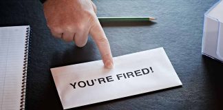 Envelope with YOU'RE FIRED! and pointing finger.