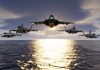 Five jets flying low over the ocean at sunset
