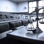 Scales of justice in an empty courtroom.
