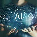 Person holding AI icons and digital interface hologram