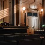 Empty courtroom with judge s bench and wooden decor
