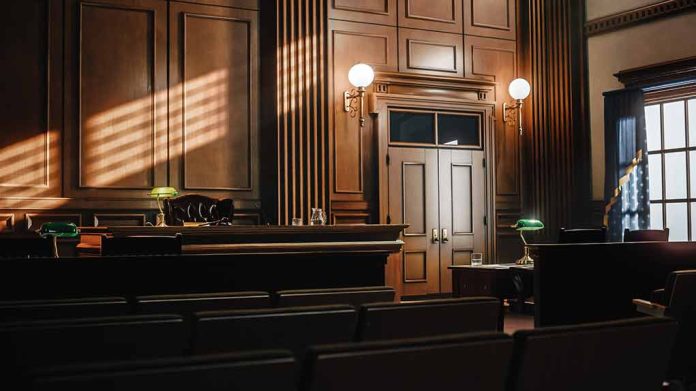 Empty courtroom with judge s bench and wooden decor