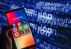 Smartphone showing social media apps with text background