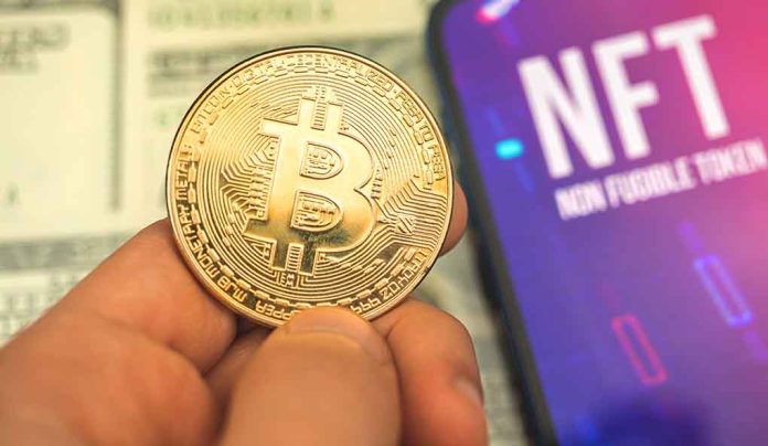 Bitcoin featured image Person holding Bitcoin coin NFT text on screen