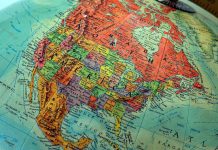 Map of North America on a globe