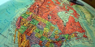 Map of North America on a globe