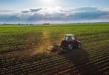 Tractor plowing a vast green field at sunset