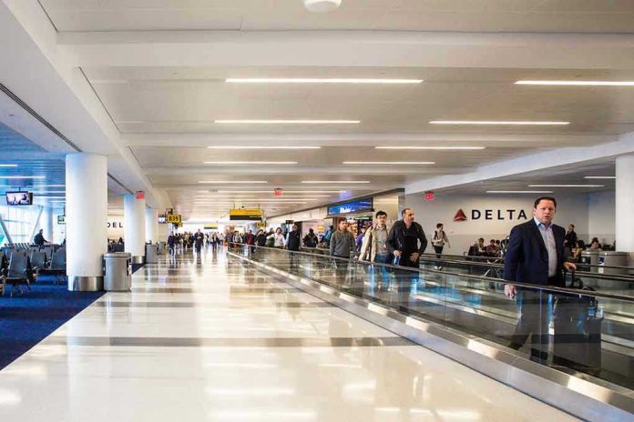 People walking through a busy airport terminal