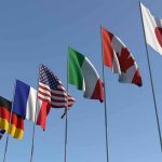 Flags of seven countries against clear blue sky