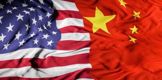 United States flag merged with China flag.