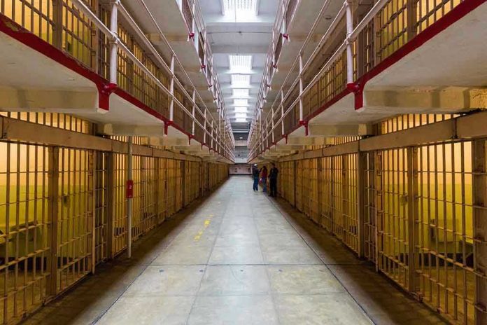 372127549 Long hallway with prison cells on both sides