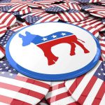 Political buttons with American flags and donkey symbol