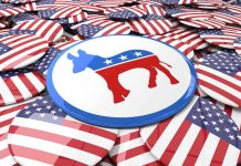 Political buttons with American flags and donkey symbol