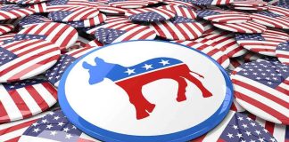 Political buttons with American flags and donkey symbol