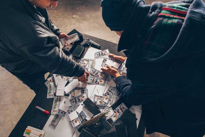 1283218267 Two individuals handling stacks of money on a table.