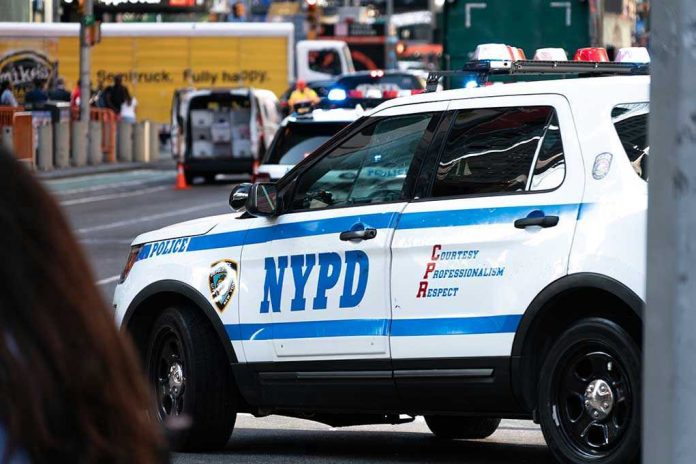 NYPD police car on a city street scene