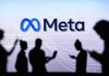 People silhouetted against Meta logo background.