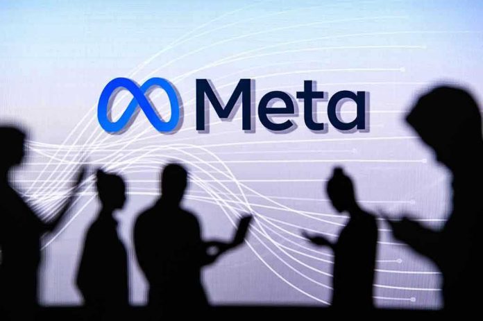 2131709785 People silhouetted against Meta logo background.