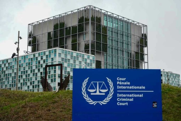 International Criminal Court building with sign in foreground