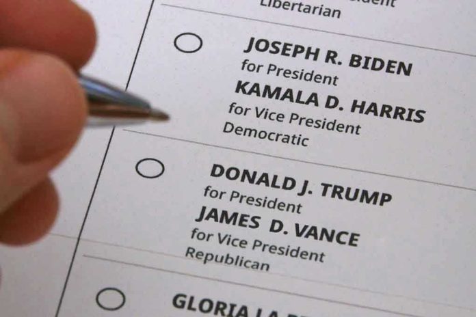 Hand holding pen near presidential election ballot.