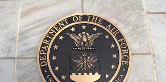 Bronze seal of the Department of the Air Force on a tiled surface