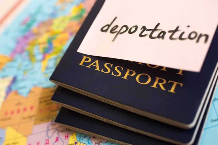 Stack of passports with a note labeled 'deportation' on top, placed on a map