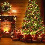 Christmas tree and fireplace with stockings and gifts