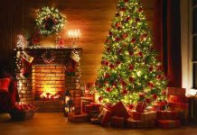Christmas tree and fireplace with stockings and gifts