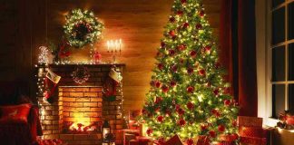 Christmas tree and fireplace with stockings and gifts