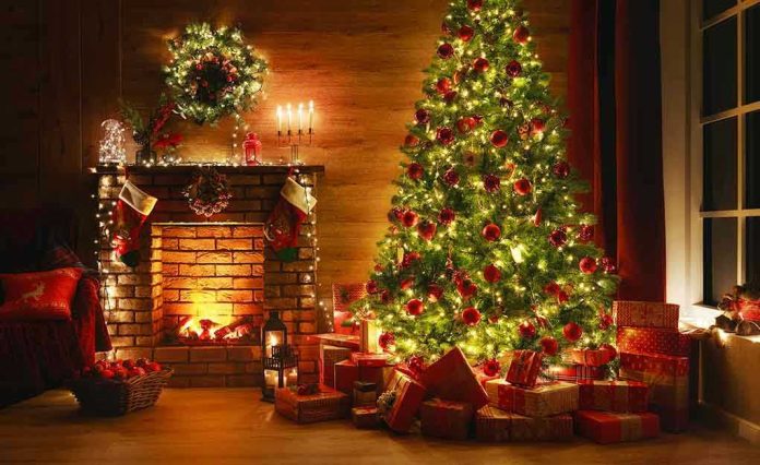 Christmas tree and fireplace with stockings and gifts