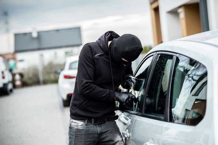 Person in black breaking into a car.