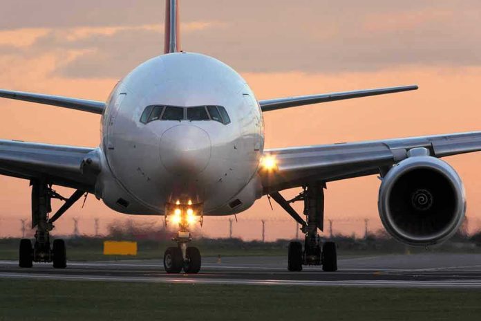 Airplane on runway during sunset