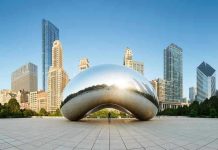 Cloud Gate sculpture with skyline of skyscrapers behind it