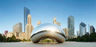 Cloud Gate sculpture with skyline of skyscrapers behind it