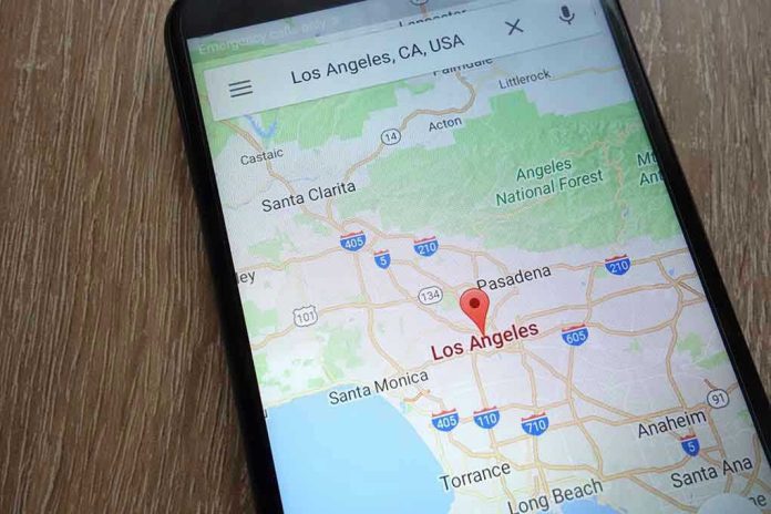 1114605992 Smartphone displaying map of Los Angeles California