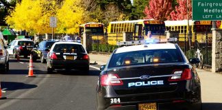 Police cars and school buses on a road