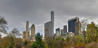 People relaxing in a park, city skyline background