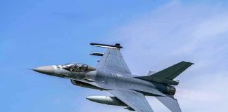 Jet fighter flying through clear blue sky