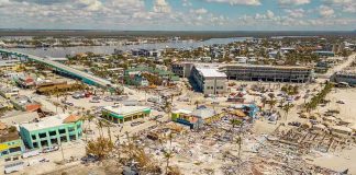 Aerial view of hurricane damaged buildings and debris