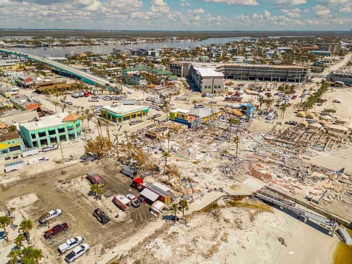 2208987255 Aerial view of hurricane damaged buildings and debris