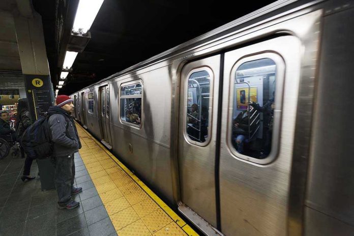 Man waiting at subway platform with departing train.