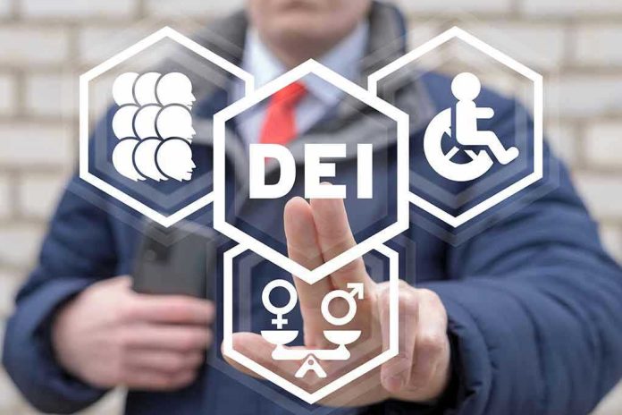 Person pointing at DEI symbols on glass