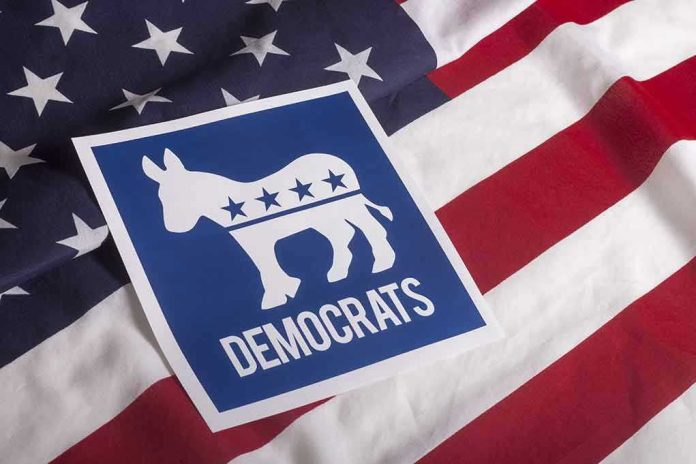 305852246 Democratic Party symbol on American flag background