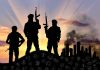 Western Aid Quietly Funding Terror Again Three armed silhouettes near a smoky city skyline.