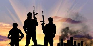 Western Aid Quietly Funding Terror Again Three armed silhouettes near a smoky city skyline.