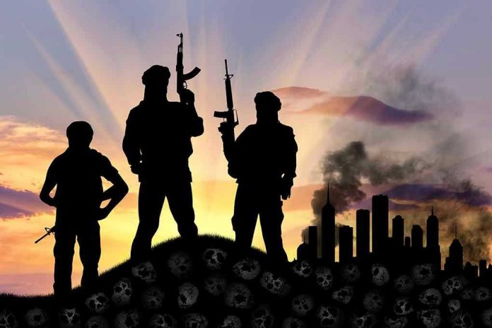 340068851 Three armed silhouettes near a smoky city skyline.