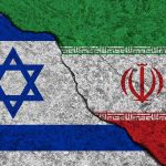 Iran-Israel War Erupts Israeli and Iranian flags divided by a cracked line.