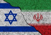 Iran-Israel War Erupts Israeli and Iranian flags divided by a cracked line.