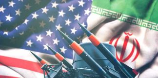 Iran OPENLY Threatens Military Bases Iran and USA flags with missile launcher.